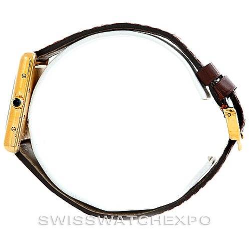 This image shows a side profile of the Cartier Tank Louis W1529756 Men's Yellow Gold Silver Dial W1529756 Men's Yellow Gold Silver Dial watch with visible case, strap, and buckle.