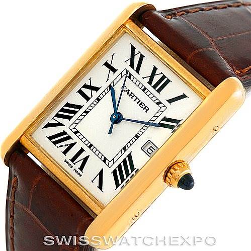 The image shows a close-up of the Cartier Tank Louis W1529756 Men's Yellow Gold Silver Dial W1529756 Men's Yellow Gold Silver Dial watch face, angled to display the dial, Roman numerals, and leather strap.