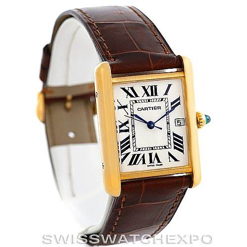 The image shows a Cartier Tank Louis W1529756 Men's Yellow Gold Silver Dial W1529756 Men's Yellow Gold Silver Dial watch from an angled front view, showcasing its rectangular dial, leather strap, and gold casing.