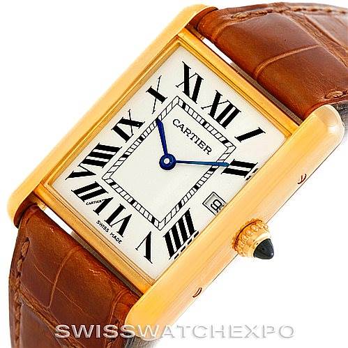 The Cartier Tank Louis W1529756 Men's Yellow Gold Silver Dial W1529756 Men's Yellow Gold Silver Dial watch is shown from an angled front view, highlighting its rectangular face, leather strap, and crown.