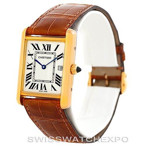 The image shows a Cartier Tank Louis W1529756 Men's Yellow Gold Silver Dial W1529756 Men's Yellow Gold Silver Dial watch at an angled view, highlighting its face, Roman numerals, and brown leather strap.
