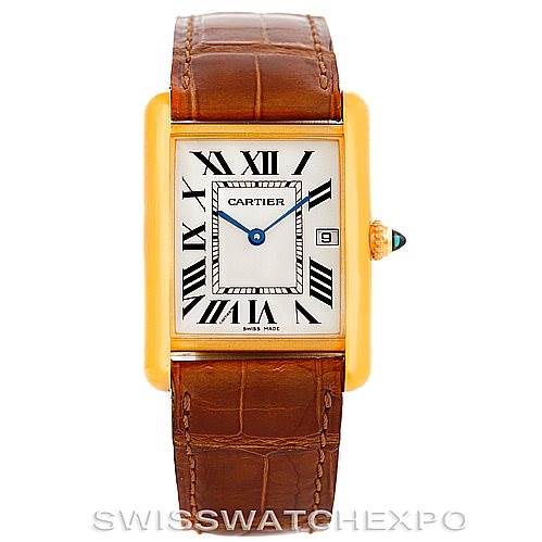 This image shows a front view of the Cartier Tank Louis W1529756 Men's Yellow Gold Silver Dial W1529756 Men's Yellow Gold Silver Dial watch, featuring its rectangular face, Roman numerals, and brown leather strap.