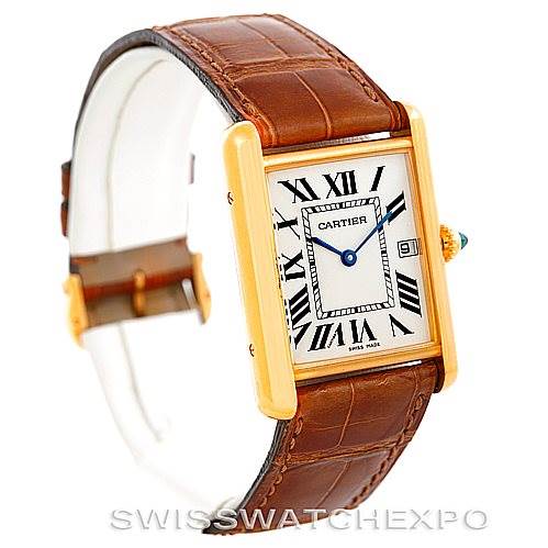 The image shows a Cartier Tank Louis W1529756 Men's Yellow Gold Silver Dial W1529756 Men's Yellow Gold Silver Dial watch from a front angle, displaying the face, strap, and crown.