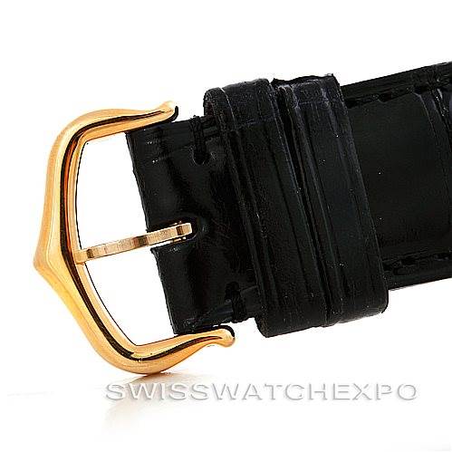 The image shows the gold buckle and black leather strap of a Cartier Tank Louis W1529756 Men's Yellow Gold Silver Dial W1529756 Men's Yellow Gold Silver Dial watch.