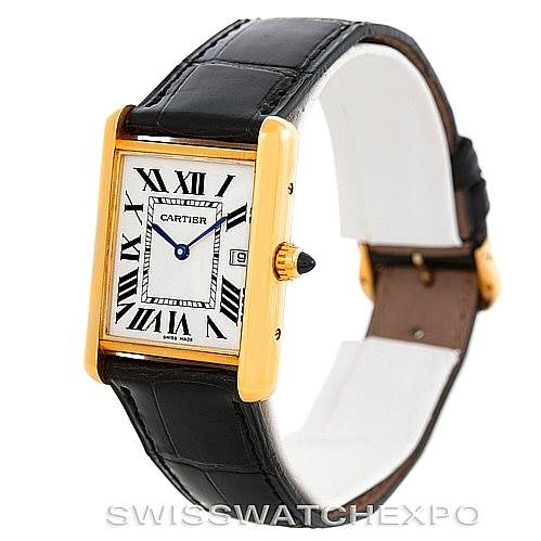 This is a Cartier Tank Louis W1529756 Men's Yellow Gold Silver Dial W1529756 Men's Yellow Gold Silver Dial watch shown at a slight angle highlighting its face, side, and black leather strap.