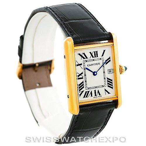 This image shows a Cartier Tank Louis W1529756 Men's Yellow Gold Silver Dial W1529756 Men's Yellow Gold Silver Dial watch from a front angle, displaying its rectangular dial, leather strap, and side crown.