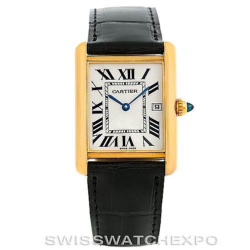 The image shows a front view of the Cartier Tank Louis W1529756 Men's Yellow Gold Silver Dial W1529756 Men's Yellow Gold Silver Dial watch, highlighting its rectangular face, roman numeral indices, and black leather strap.