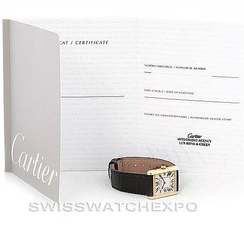 The image shows a Cartier Tank Louis W1529756 Men's Yellow Gold Silver Dial W1529756 Men's Yellow Gold Silver Dial watch with a certificate of authenticity in the background.