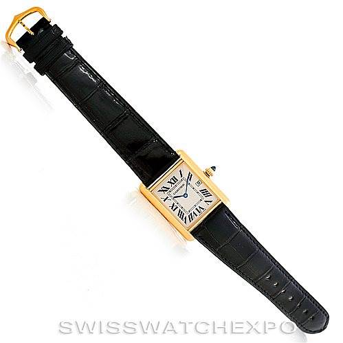 The image shows a Cartier Tank Louis W1529756 Men's Yellow Gold Silver Dial W1529756 Men's Yellow Gold Silver Dial watch from a top-down angle, displaying the strap, case, dial, and crown.