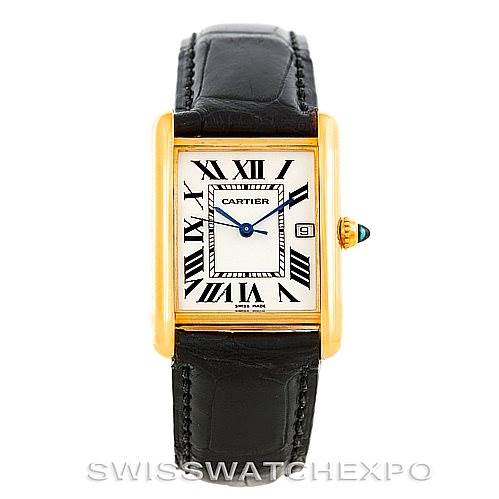 The image shows a front view of the Cartier Tank Louis W1529756 Men's Yellow Gold Silver Dial W1529756 Men's Yellow Gold Silver Dial watch, highlighting its face, gold case, and black leather strap.