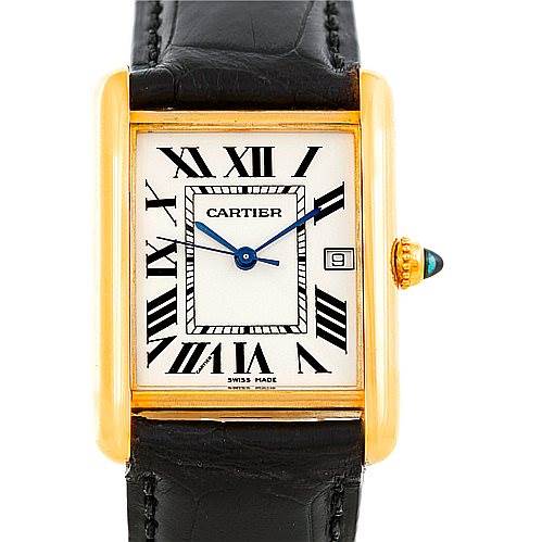 This image shows a frontal view of the Cartier Tank Louis W1529756 Men's Yellow Gold Silver Dial W1529756 Men's Yellow Gold Silver Dial watch, highlighting its rectangular face, Roman numerals, and black leather strap.