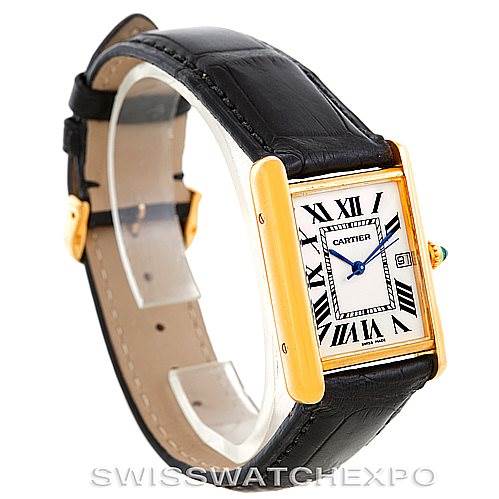 The image shows a Cartier Tank Louis W1529756 Men's Yellow Gold Silver Dial W1529756 Men's Yellow Gold Silver Dial watch at a three-quarter angle, highlighting the front dial, strap, and gold casing.