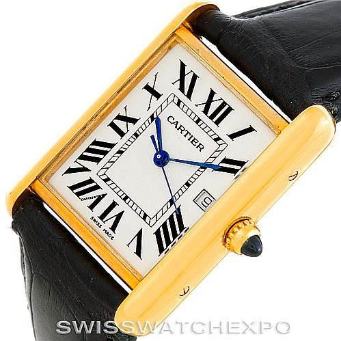 The image shows a Cartier Tank Louis W1529756 Men's Yellow Gold Silver Dial W1529756 Men's Yellow Gold Silver Dial watch from an angled top-down view, highlighting the dial, case, and part of the strap.