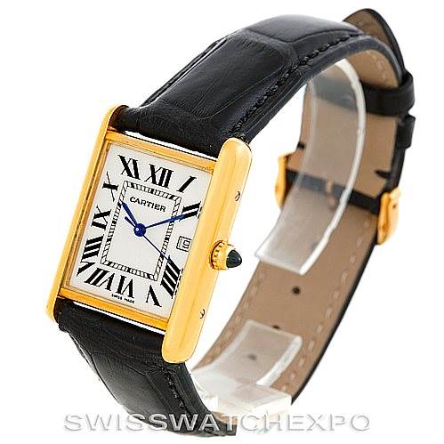 This image shows a Cartier Tank Louis W1529756 Men's Yellow Gold Silver Dial W1529756 Men's Yellow Gold Silver Dial watch at a 3 o'clock angle, highlighting the face, black strap, and side crown.