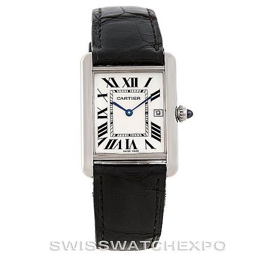 This image shows a frontal view of the Cartier Tank Louis W1540956 Men's White Gold White Dial W1540956 Men's White Gold White Dial watch, highlighting its rectangular dial, black leather strap, and Roman numerals.