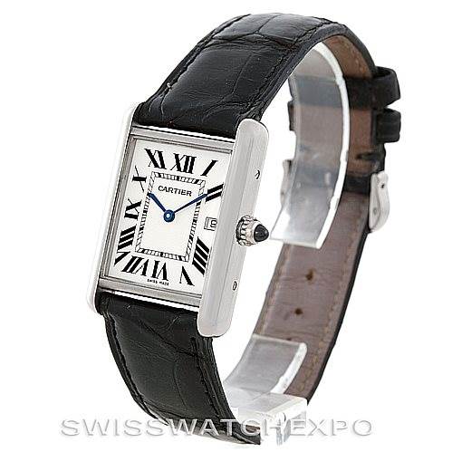 The image shows a Cartier Tank Louis W1540956 Men's White Gold White Dial W1540956 Men's White Gold White Dial watch at an angle displaying its face, crown, and leather strap.