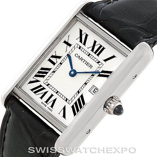 A Cartier Tank Louis W1540956 Men's White Gold White Dial W1540956 Men's White Gold White Dial watch is shown from a front and right-side angle, displaying its face, crown, and part of the leather strap.