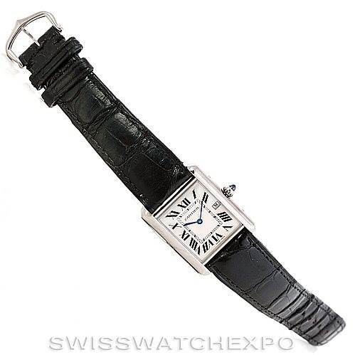 The image shows a Tank Louis model by Cartier, viewed from the front and showcasing the entire watch including the face, strap, and buckle.