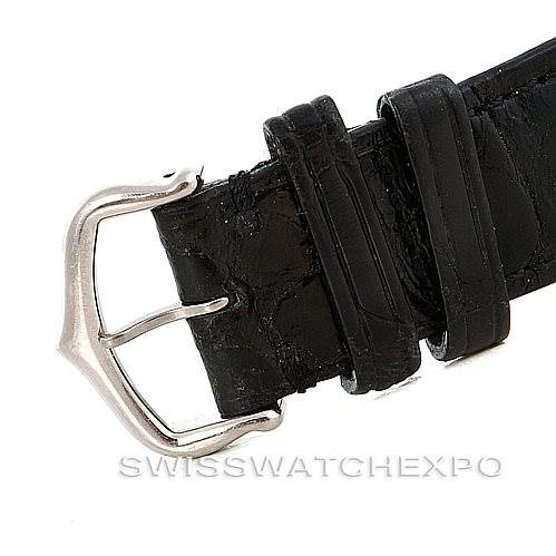 This image depicts a close-up of the buckle and strap of a Cartier Tank Louis W1540956 Men's White Gold White Dial W1540956 Men's White Gold White Dial watch, showcasing its leather material.