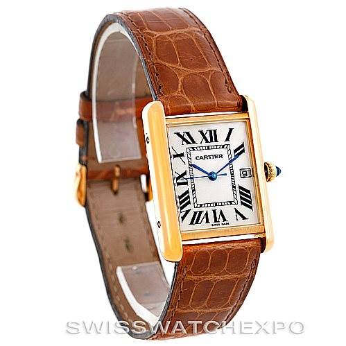 This image shows a Cartier Tank Louis W1529756 Men's Yellow Gold Silver Dial W1529756 Men's Yellow Gold Silver Dial watch at a three-quarter angle, highlighting the case, dial, leather strap, and crown.
