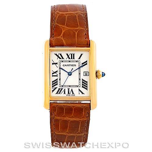 The image shows a front-facing view of a Cartier Tank Louis W1529756 Men's Yellow Gold Silver Dial W1529756 Men's Yellow Gold Silver Dial watch, featuring a rectangular dial and a brown leather strap.