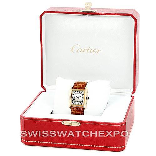 The image shows a Cartier Tank Louis W1529756 Men's Yellow Gold Silver Dial W1529756 Men's Yellow Gold Silver Dial watch inside its red display box, viewed from the front.