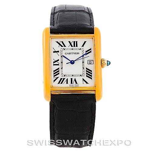 The image shows a front view of a Cartier Tank Louis W1529756 Men's Yellow Gold Silver Dial W1529756 Men's Yellow Gold Silver Dial watch including its face, case, and strap.