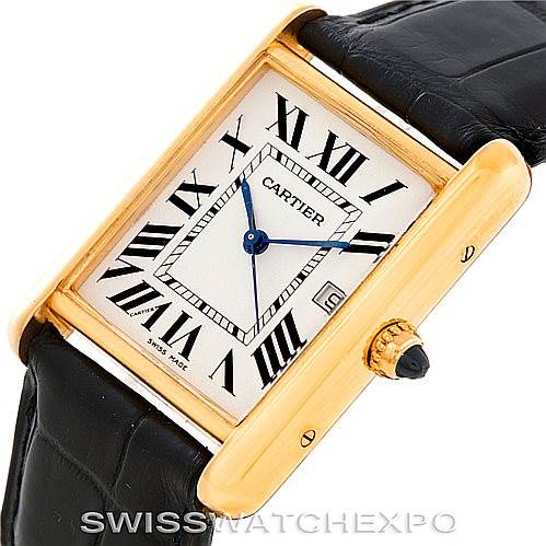 The image shows a Cartier Tank Louis W1529756 Men's Yellow Gold Silver Dial W1529756 Men's Yellow Gold Silver Dial watch at an angle highlighting the dial, black leather strap, and crown with a sapphire cabochon.