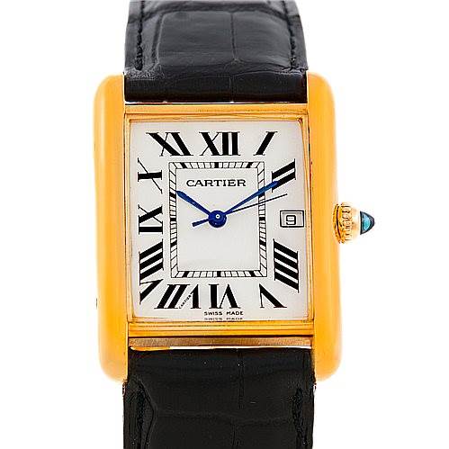 The image shows a frontal view of a Cartier Tank Louis W1529756 Men's Yellow Gold Silver Dial W1529756 Men's Yellow Gold Silver Dial watch with a gold case, Roman numerals, and a black leather strap.