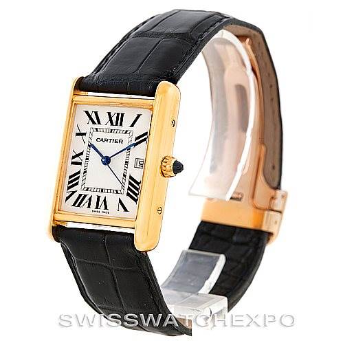 This image shows the Cartier Tank Louis W1529756 Men's Yellow Gold Silver Dial W1529756 Men's Yellow Gold Silver Dial watch at an angle displaying the face, strap, side crown, and clasp.