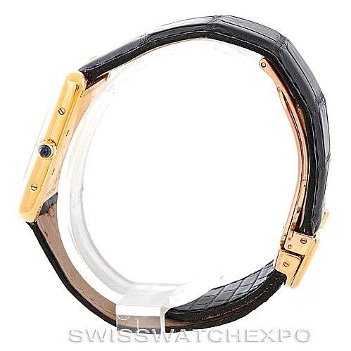 The image shows a side view of the Cartier Tank Louis W1529756 Men's Yellow Gold Silver Dial W1529756 Men's Yellow Gold Silver Dial watch, highlighting its case, side crown, and leather strap.