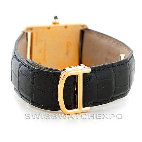 This image shows the back view of the Cartier Tank Louis W1529756 Men's Yellow Gold Silver Dial W1529756 Men's Yellow Gold Silver Dial watch, focusing on the black leather strap and gold buckle.