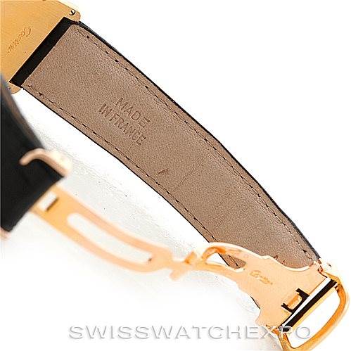 The image shows the leather strap and clasp of the Tank Louis model by Cartier from an angled close-up view.