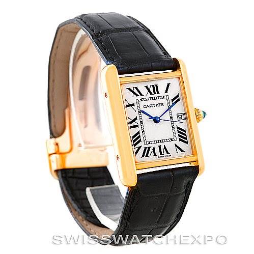 The image shows a side angle of the Cartier Tank Louis W1529756 Men's Yellow Gold Silver Dial W1529756 Men's Yellow Gold Silver Dial watch, highlighting its rectangular face, black leather strap, and gold casing.