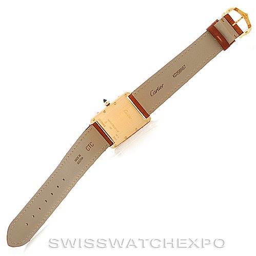 This image shows the back of a Cartier Tank Louis W1529756 Men's Yellow Gold Silver Dial W1529756 Men's Yellow Gold Silver Dial watch, displaying the buckle, strap, and case-back details.