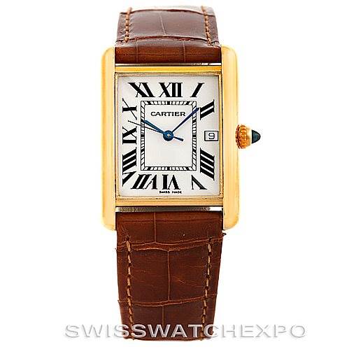 The image shows a front view of the Cartier Tank Louis W1529756 Men's Yellow Gold Silver Dial W1529756 Men's Yellow Gold Silver Dial watch with a brown leather strap and a rectangular dial featuring Roman numerals.