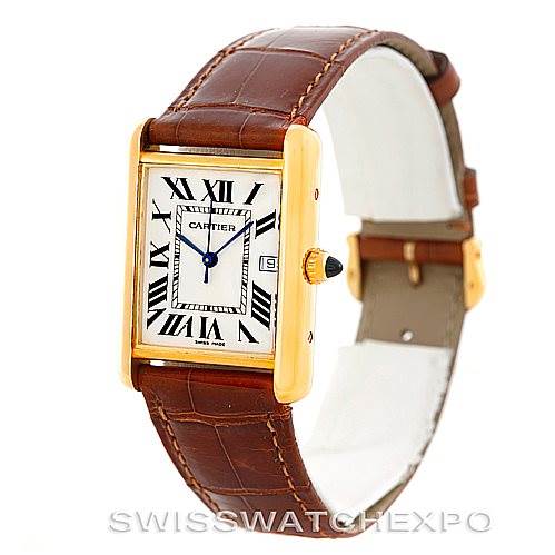 The image shows the Cartier Tank Louis W1529756 Men's Yellow Gold Silver Dial W1529756 Men's Yellow Gold Silver Dial model watch with a close-up of the dial, case, crown, and leather strap from a front angle.