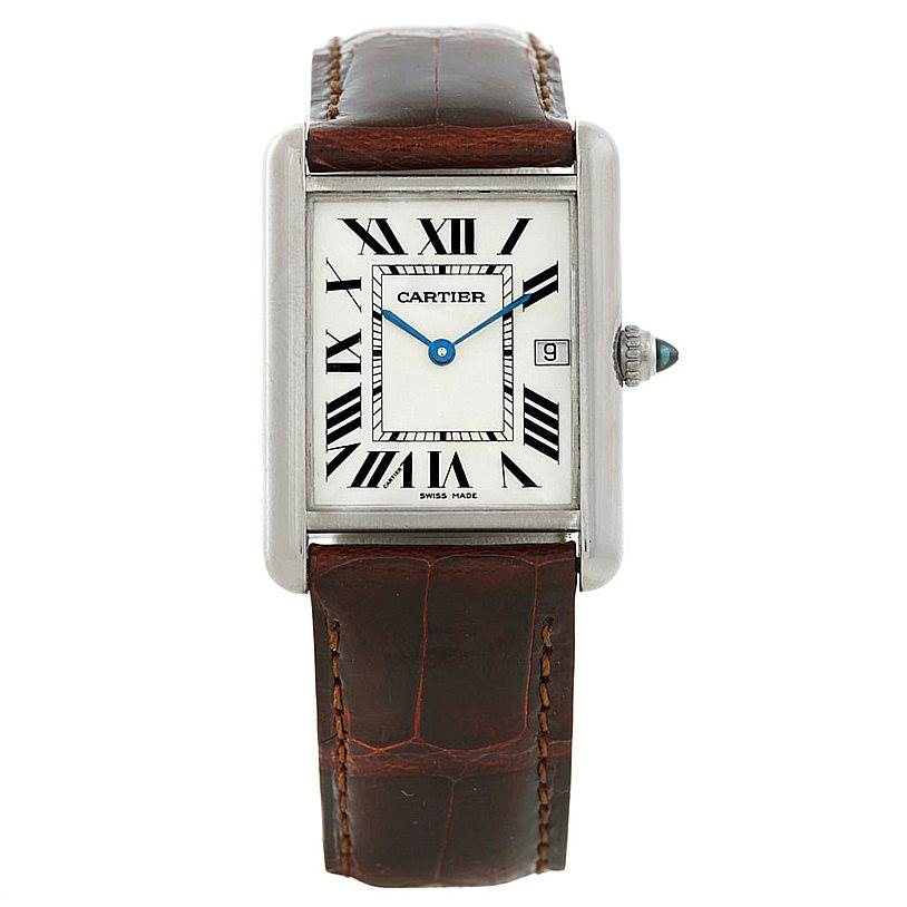 The Cartier Tank Louis W1540956 Men's White Gold White Dial W1540956 Men's White Gold White Dial watch is shown from the front, highlighting its rectangular dial, brown leather strap, and blue hands.