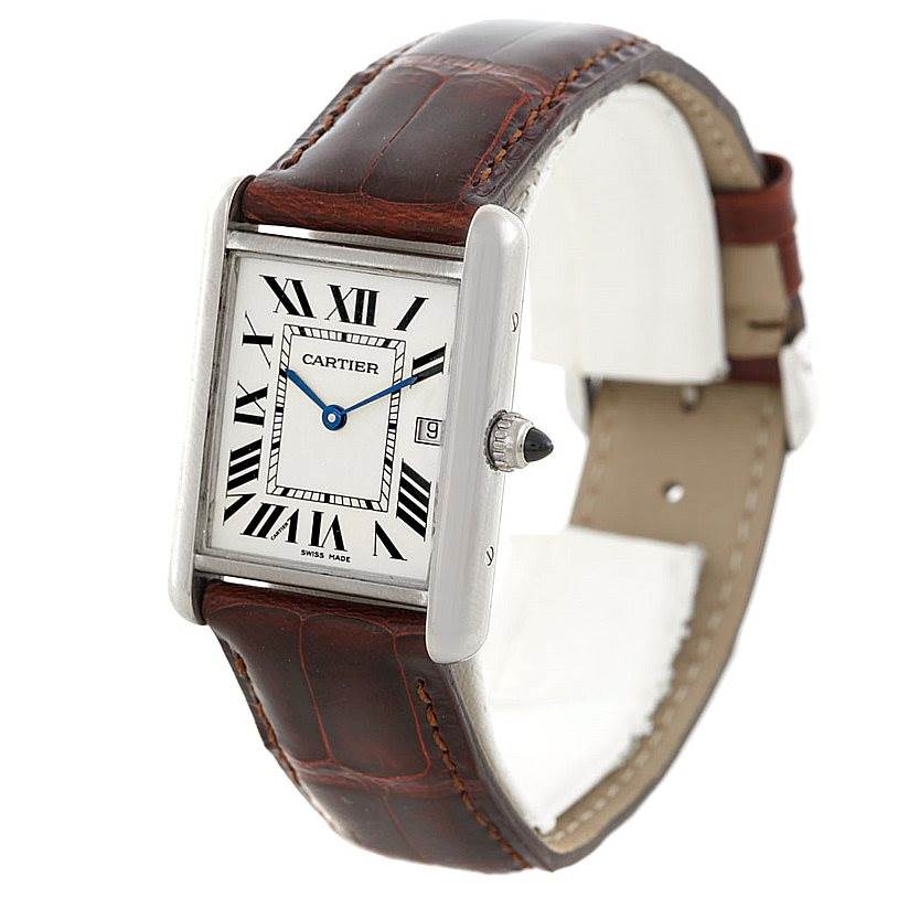The Cartier Tank Louis W1540956 Men's White Gold White Dial W1540956 Men's White Gold White Dial watch is shown at an angled front view, displaying the face, crown, and leather strap.