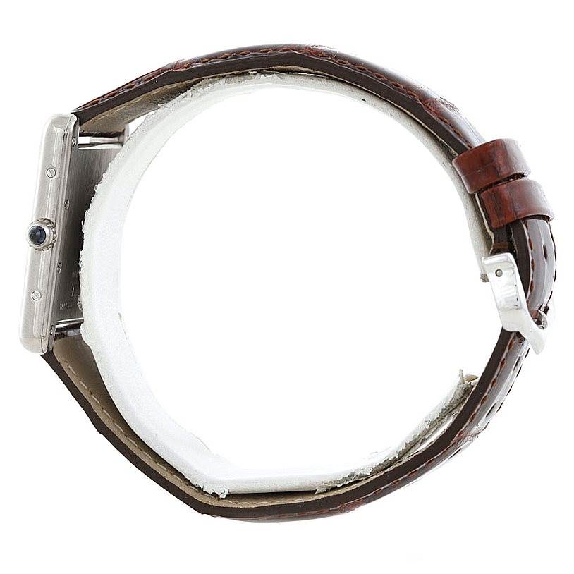 The Cartier Tank Louis W1540956 Men's White Gold White Dial W1540956 Men's White Gold White Dial watch is shown from a side angle, highlighting the crown, case and leather strap.