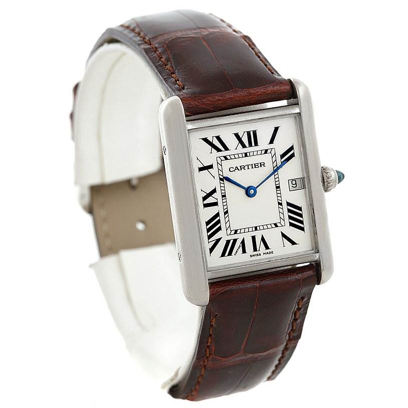 The image shows a Cartier Tank Louis W1540956 Men's White Gold White Dial W1540956 Men's White Gold White Dial watch at a slight angle highlighting its face, strap, and crown.