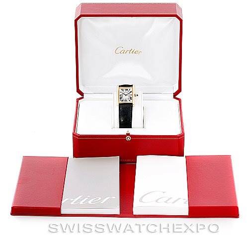 The image shows a Cartier Tank Louis W1529756 Men's Yellow Gold Silver Dial W1529756 Men's Yellow Gold Silver Dial watch from a front angle, inside its box, with manuals and documents outside.