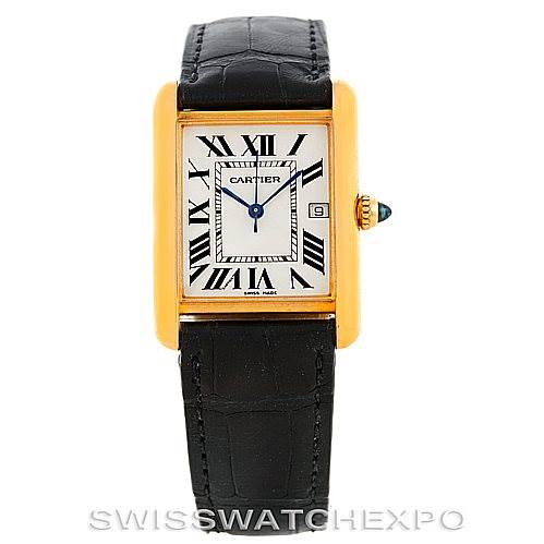 This image shows a frontal view of the Cartier Tank Louis W1529756 Men's Yellow Gold Silver Dial W1529756 Men's Yellow Gold Silver Dial watch, displaying its Roman numeral dial, gold case, and black leather strap.