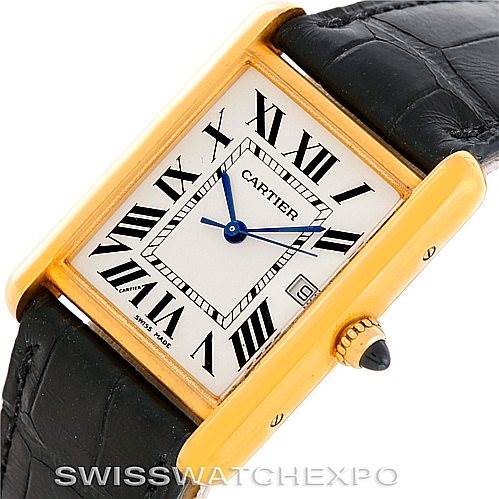 The image shows a Cartier Tank Louis W1529756 Men's Yellow Gold Silver Dial W1529756 Men's Yellow Gold Silver Dial watch from an angle showcasing its face, dial, crown, and black leather strap.
