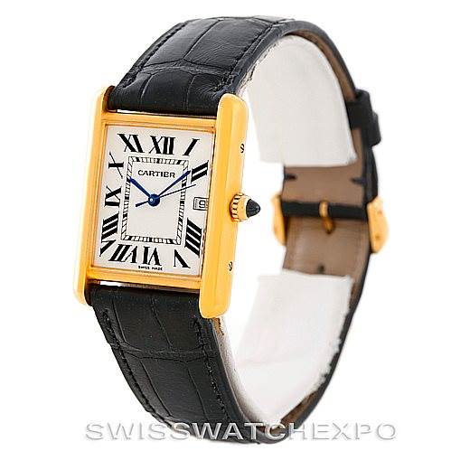 The image shows a Cartier Tank Louis W1529756 Men's Yellow Gold Silver Dial W1529756 Men's Yellow Gold Silver Dial model watch viewed from a slight angle, highlighting the face, crown, and strap.