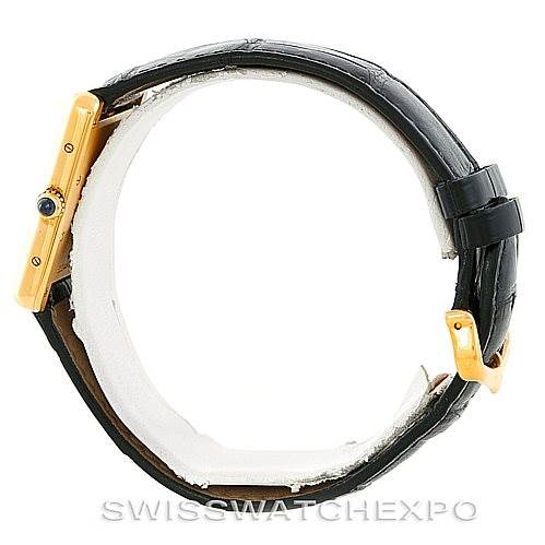 The image shows a side view of the Cartier Tank Louis W1529756 Men's Yellow Gold Silver Dial W1529756 Men's Yellow Gold Silver Dial watch, highlighting its strap, buckle, and side profile of the case with the crown.