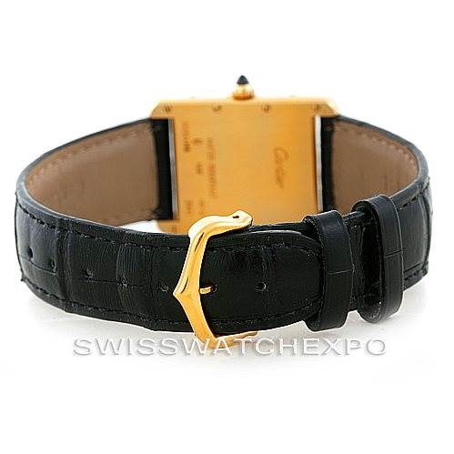 The image shows the back view of a Cartier Tank Louis W1529756 Men's Yellow Gold Silver Dial W1529756 Men's Yellow Gold Silver Dial watch including a gold buckle and black leather strap.