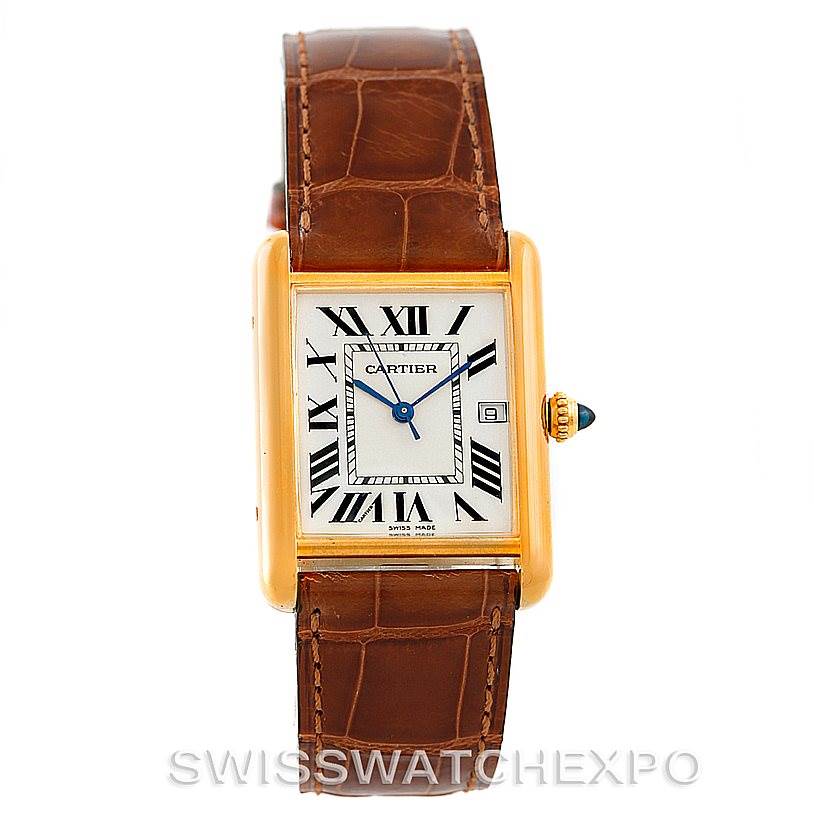 The image shows a front view of the Cartier Tank Louis W1529756 Men's Yellow Gold Silver Dial W1529756 Men's Yellow Gold Silver Dial model watch, highlighting its rectangular case, dial, and leather strap.
