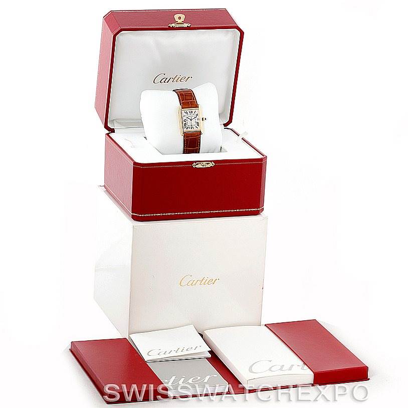 The image shows a Cartier Tank Louis W1529756 Men's Yellow Gold Silver Dial W1529756 Men's Yellow Gold Silver Dial watch in its open red box, accompanied by manuals and a larger outer box.