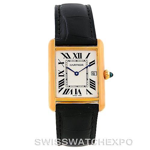 The image shows a front view of a Cartier Tank Louis W1529756 Men's Yellow Gold Silver Dial W1529756 Men's Yellow Gold Silver Dial watch with a rectangular face, Roman numerals, and a black leather strap.